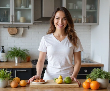 Mujer sonriendo mientras pesa alimentos saludables